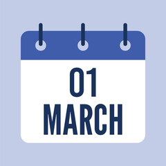1 March Calendar, Isolated Vector Calendar.