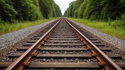 Fototapeta premium The Endless Railroad: A Journey Through Verdant Forests, Guided by Steel Rails Towards an Unseen Horizon and an Unknown Destination.