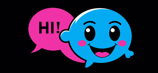 Obraz premium Cute_Cartoon_Character_Saying_Hi_Social_Media_Chat_Bubble_Smile_Face_Illustration_Friendly_Greeting_Communication_Avatar_Online_Message_Fun_Design_Cheerful_Expression