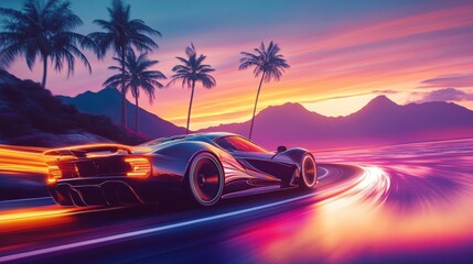 Fast car on a scenic coastal road at sunset