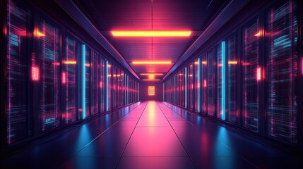 Futuristic server rack hallway with neon lighting