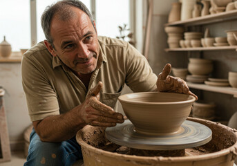 Man skillfully molds a pottery pot on a spinning wheel in a sunlit studio surrounded by various tools and clay remnants.