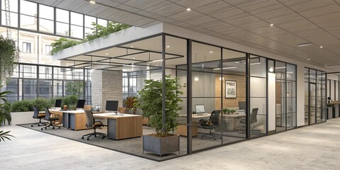 Modern Glass Office Interior Design Plants Workspace
