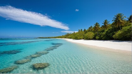 Fototapeta premium Serene Tropical Beach Paradise: Azure Waters and Lush Greenery Meet White Sands Under a Bright Blue Sky.