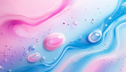 Abstract pink and blue liquid swirls with bubbles.