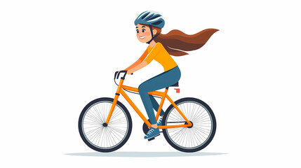 Joyful Cycling: A cheerful girl with long brown hair rides an orange bicycle on a sunny day, capturing the joy and freedom of outdoor activity and healthy lifestyle.
