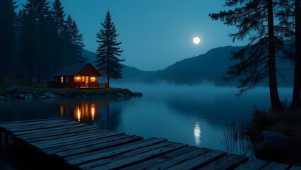 Fototapeta premium Cabin on the Lake at Night Under Moonlight