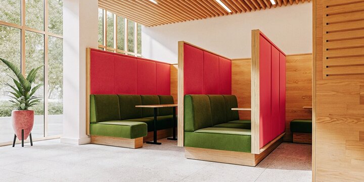 Modern office lounge with green and red booths near large windows,