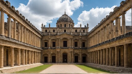 Obraz premium Magnificent Architecture: An Italian Structure Showcasing Impressive Columns, A Grand Dome, and Stone Details under a Beautiful, Cloudy Skyline.