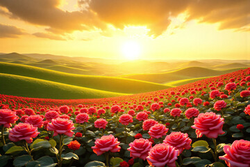 field of roses with the sun setting in the background