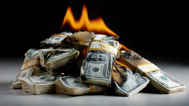 Burning Money: The image depicts a pile of money engulfed in flames, symbolizing waste, loss, or financial recklessness.