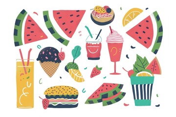 Colorful summer treats and refreshments, a collection of fun food illustrations.