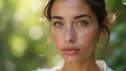 Fototapeta premium Close-up Portrait of a Beautiful Young Woman with Freckles and Green Eyes in a Natural Outdoor Setting