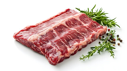 Obraz premium Raw beef brisket with rich marbling on white background, garnished with fresh herbs and peppercorns