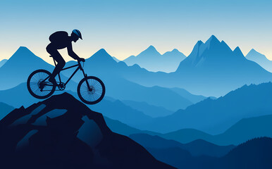 Fototapeta premium Mountain Biking Silhouette: A lone cyclist conquers a rocky peak, silhouetted against a breathtaking panoramic mountain range at dawn or dusk. The scene embodies adventure, freedom.