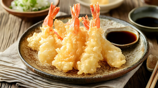 Crispy Japanese ebi tempura served with soy sauce on rustic plate. Delicious and inviting