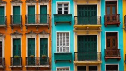 Obraz premium Vivid Facades: A Tapestry of Colors and Architectural Details Gracing the Historical Buildings with Balconies and Shutters.