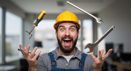 Excited bearded man in yellow hard hat juggling tools. Happy worker concept for Labor Day celebration. Humorous portrait of enthusiastic construction employee