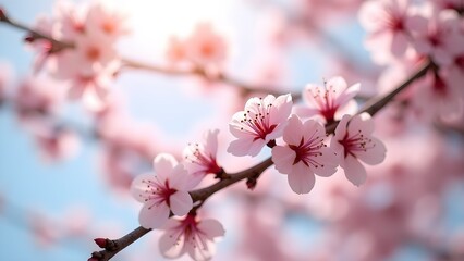 Fototapeta premium Close-up of delicate pink cherry blossoms blooming in springtime against a soft blue sky background.