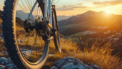 Adventure Cycling in Mountain Sunrise: A mountain bike stands proudly against the backdrop of a vibrant sunrise. The image captures the essence of adventure and the beauty of the natural world.