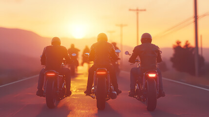 Motorcycle Riders at Sunset: A group of motorcyclists cruise along a sun-drenched highway, silhouetted against a fiery sunset, evoking the spirit of adventure and freedom on two wheels.
