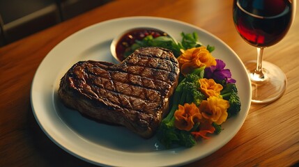 A heart-shaped steak with grilled marks, served with broccoli, edible flowers, and a side of red wine