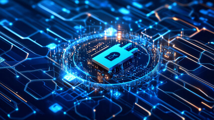 Abstract glowing geometric shapes in blue and silver tones symbolizing digital security and data protection