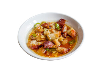 Asian meat sauce on white plate isolated on transparent
