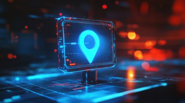 Futuristic location pin screen, digital city background, navigation app interface