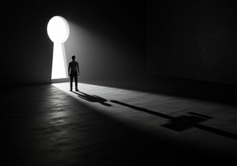 Obraz premium Man standing in front of a keyhole, hiding his face.