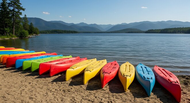 Colorful Kayaks Lined Up on Sandy Beach with Mountain Lake View