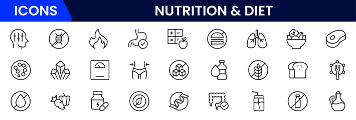Vector illustration web line icon collection showcasing nutrition and diet concepts—balanced meals, food pyramid, calories, vitamins, healthy eating, meal plans, and portion control.
