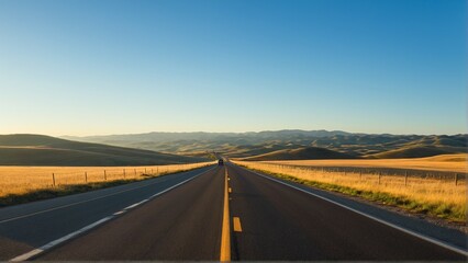 Journey into the Sunset: A solitary car traverses a long, winding road through golden fields towards distant rolling hills beneath a clear, blue sky.
