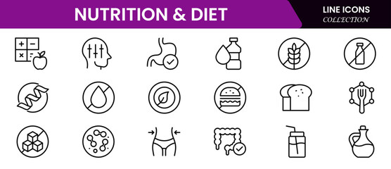 Vector illustration web line icon collection showcasing nutrition and diet concepts—balanced meals, food pyramid, calories, vitamins, healthy eating, meal plans, and portion control.