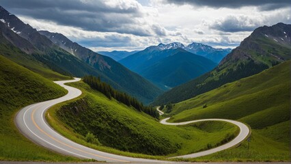 Fototapeta premium Serpentine Road Cuts Through Verdant Mountain Valleys Beneath a Dramatic Sky, Promising Adventure and Stunning Panoramic Views.