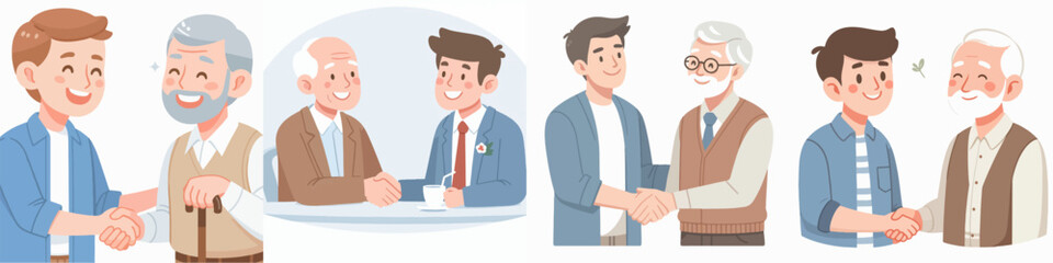 Vector collection of two happy and excited men meeting, greeting each other happily. Reunion concept