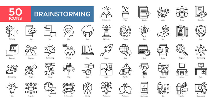 Brainstroming collection set. Brainstroming, Question , Action, Group, Knowledge, Marketing, Process, Meeting, icon. Simple flat vector illustration