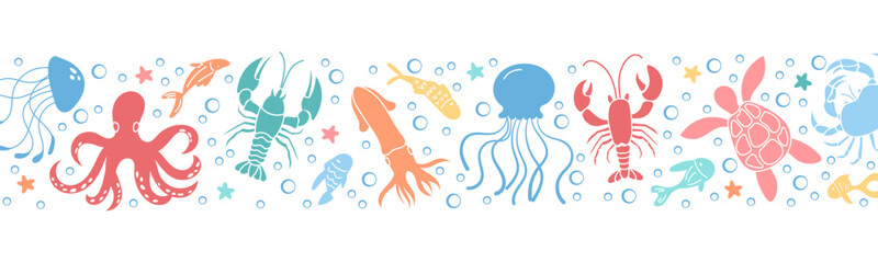 Pattern design of playful underwater marine life with colorful sea creatures. This vibrant ocean design showcases various reef animals like turtles, crabs, and jellyfish in lively water.