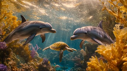 Dolphins & turtle swimming among coral reef, sunlit ocean background, vibrant underwater scene