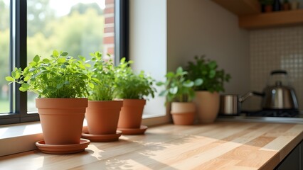 Fototapeta premium Herb Garden on Kitchen Window Sill with Natural Light and Fresh Potted Herbs 