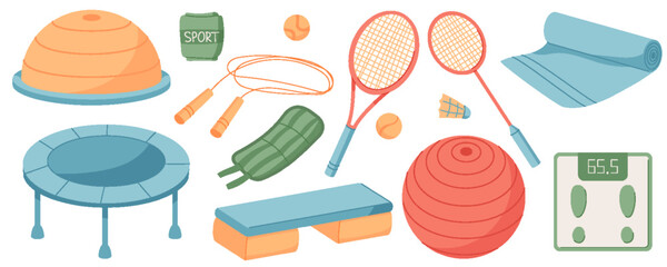 Colorful flat illustration of gym equipment set. Vibrant exercise gear and training accessories for fitness and workout. Dynamic background highlighting sport lifestyle, ideal for healthy activity