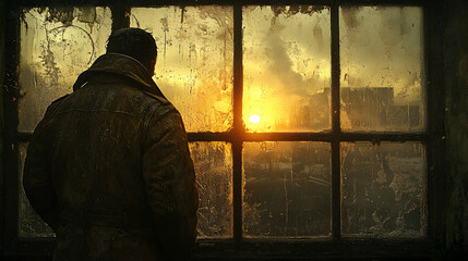 Fototapeta premium Solitary figure silhouetted against a frosty window, watching a breathtaking sunset over an industrial cityscape. The image evokes feelings of contemplation and longing.