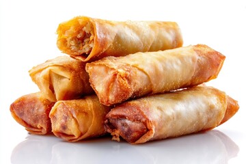 Crispy Golden Spring Rolls Stacked High Isolated on White Background