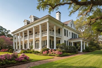 Modern colonial home exterior features a beautiful gray porch with a garden. New England style house with a wall and yard. Exterior view of a house with a porch and balcony.