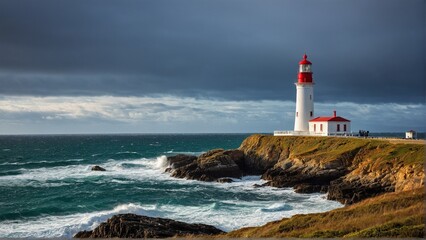 Coastal Sentinel: A lighthouse stands against the impending storm, its guiding light a beacon on the rugged coastline.