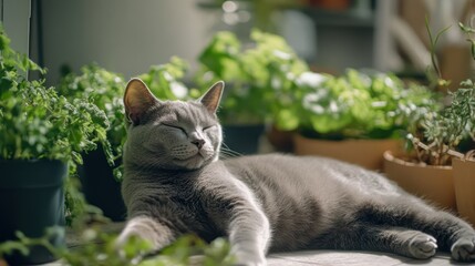 Grey cat naps sunlit indoor garden, plants blurred background, home decor