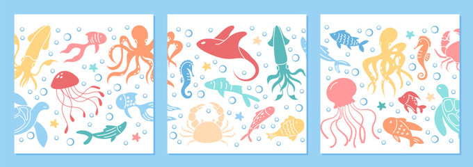 Underwater sea creature background design collection. Includes vibrant illustrations of various marine life such as jellyfish, octopus, and crabs amidst a richly depicted reef environment. © moonnoon
