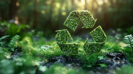 Green recycle symbol icon on a sleek green background with motion lines symbolizes eco-friendly office practices and the importance of recycling and waste sorting in professional environments

