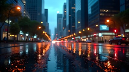 Fototapeta premium Rainy Night in the City: Reflections on Wet Asphalt with Streetlights and Skyscrapers