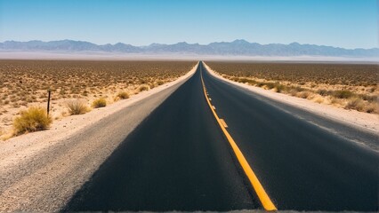 Endless Asphalt: A Lonely Road Cuts Through the Arid Landscape Towards Distant Mountains Under a Clear Sky.